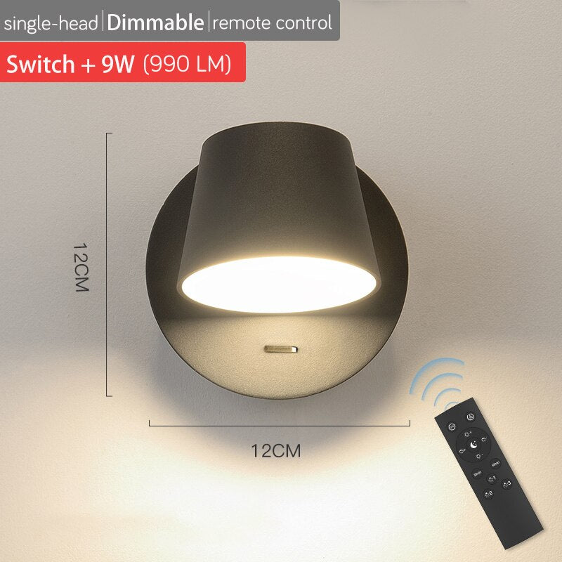 350° Rotating Remote Control Dimmable LED Wall Lamp for Reading Free Rotation