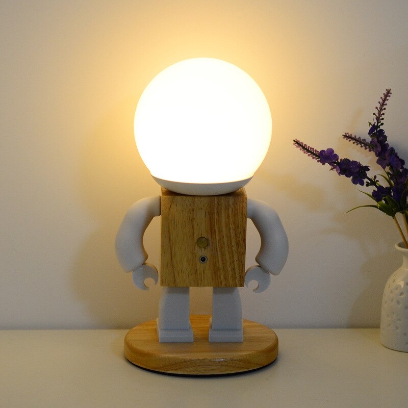 Cute Robot Table Light Nordic Modern White Wood Table Lamp LED Kids Baby Girl Boy Children Bedroom Bedside Mini Night Lights