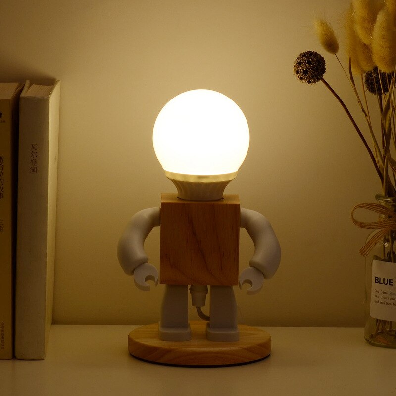 Cute Robot Table Light Nordic Modern White Wood Table Lamp LED Kids Baby Girl Boy Children Bedroom Bedside Mini Night Lights