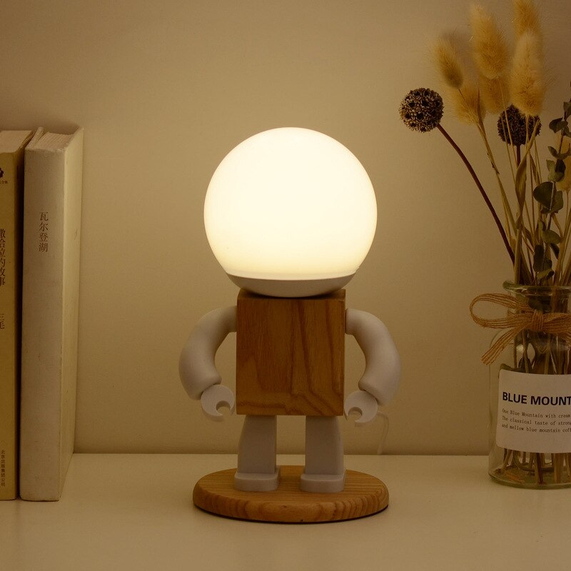 Cute Robot Table Light Nordic Modern White Wood Table Lamp LED Kids Baby Girl Boy Children Bedroom Bedside Mini Night Lights