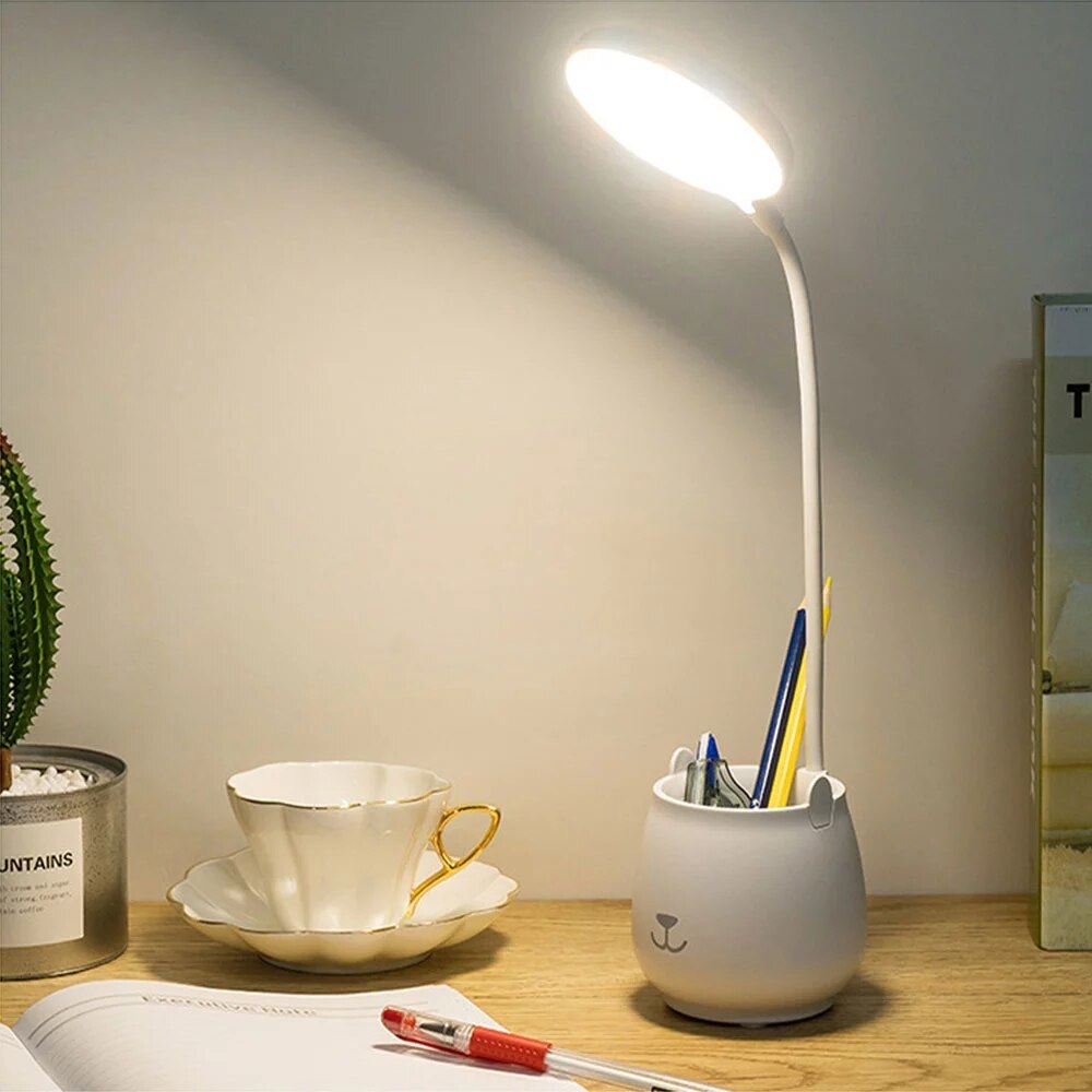 LED Desk Lamp Flexible Reading Study Lamp with Pen Holder Eye-Protect Dimmable Touch USB Chargeable Table Light Gift