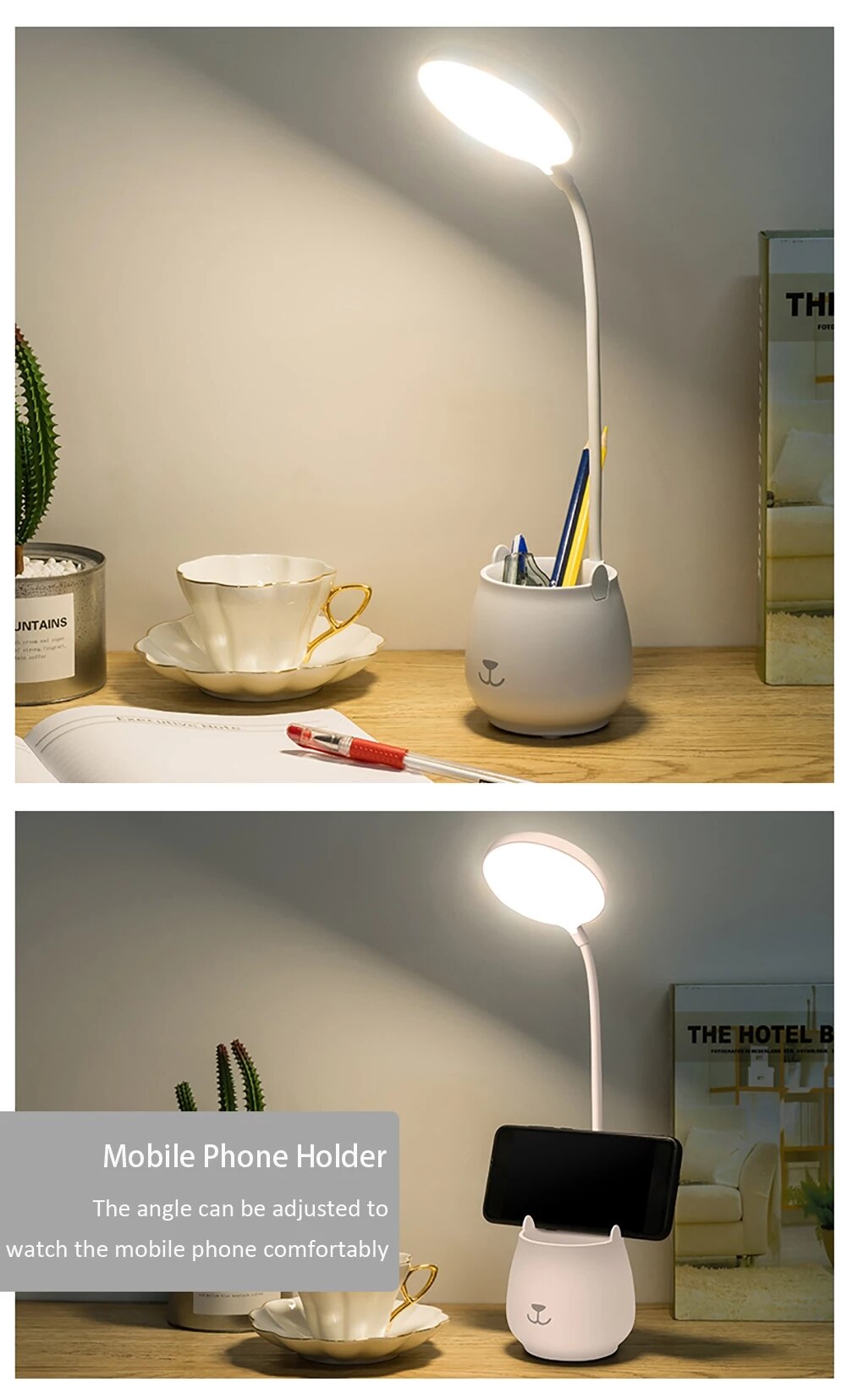 LED Desk Lamp Flexible Reading Study Lamp with Pen Holder Eye-Protect Dimmable Touch USB Chargeable Table Light Gift