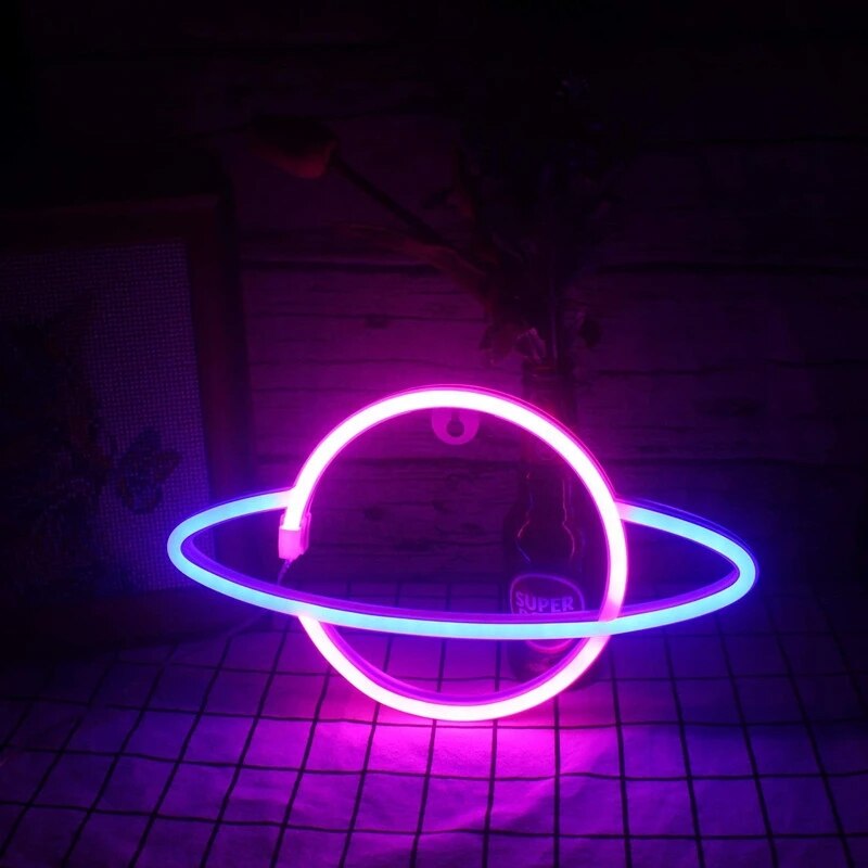 LED Neon Lamp Elliptical Planet Shaped Wall Sign Desk Night Lights USB Hanging Lamp for Bedroom Home Party Holiday Decor