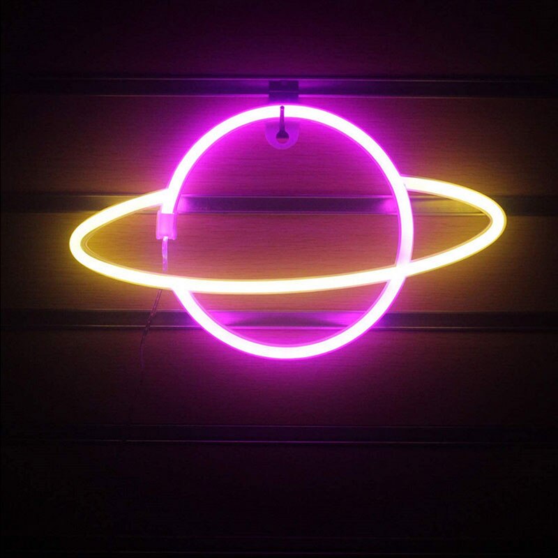 LED Neon Lamp Elliptical Planet Shaped Wall Sign Desk Night Lights USB Hanging Lamp for Bedroom Home Party Holiday Decor