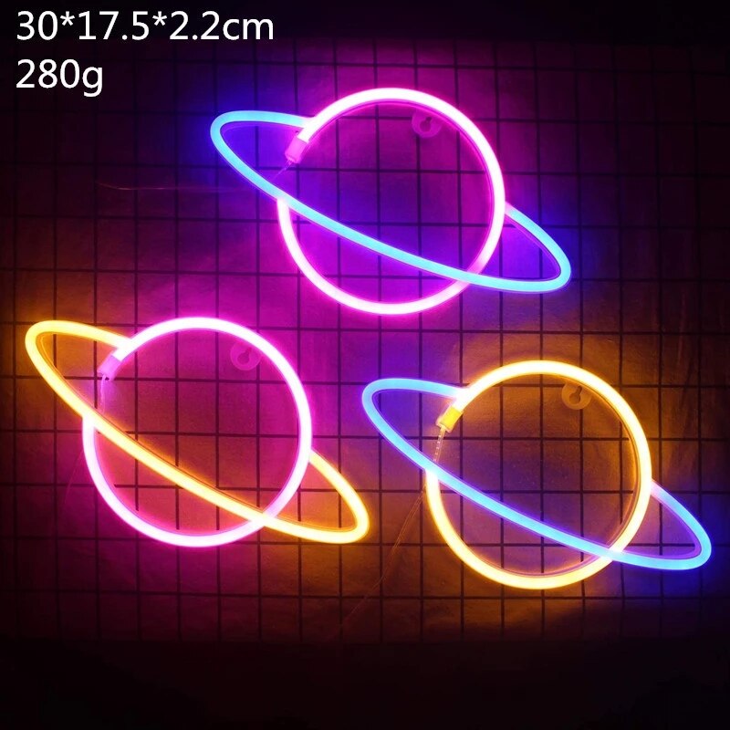 LED Neon Lamp Elliptical Planet Shaped Wall Sign Desk Night Lights USB Hanging Lamp for Bedroom Home Party Holiday Decor