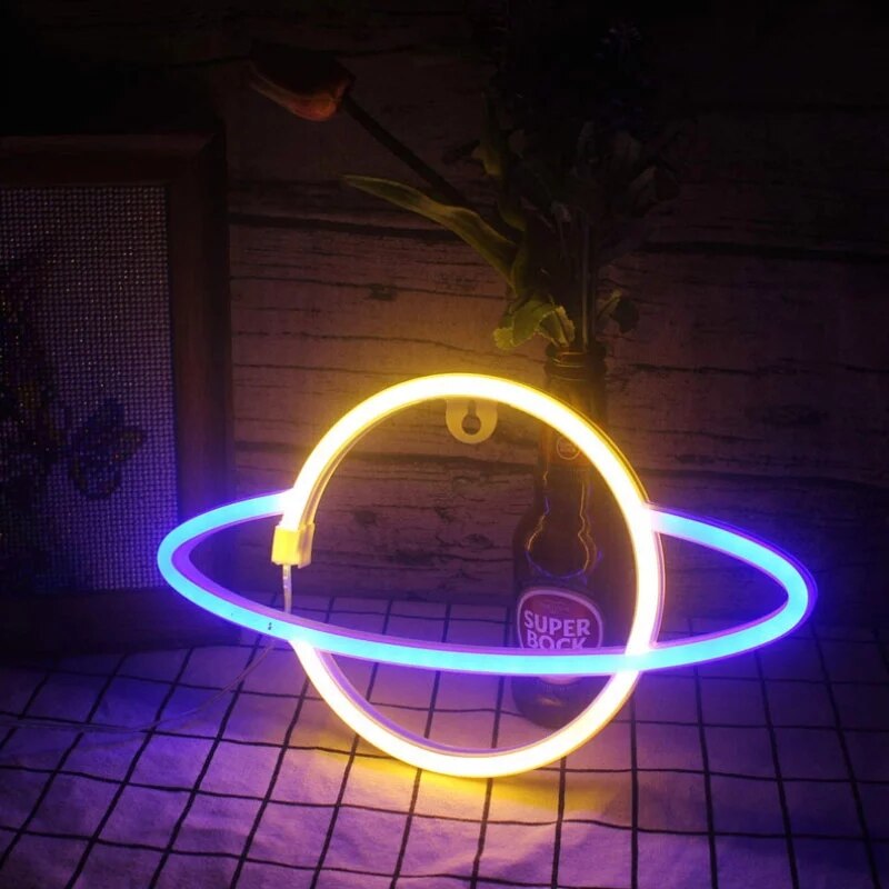 LED Neon Lamp Elliptical Planet Shaped Wall Sign Desk Night Lights USB Hanging Lamp for Bedroom Home Party Holiday Decor