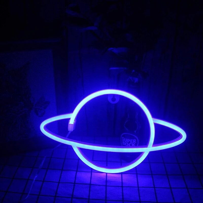 LED Neon Lamp Elliptical Planet Shaped Wall Sign Desk Night Lights USB Hanging Lamp for Bedroom Home Party Holiday Decor