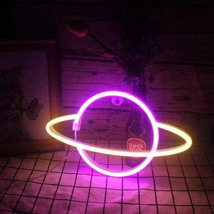 LED Neon Lamp Elliptical Planet Shaped Wall Sign Desk Night Lights USB Hanging Lamp for Bedroom Home Party Holiday Decor